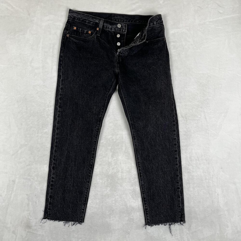 Levi's 501 Taper Jeans Womens W28 L26 Black Charcoal Wash Cropped Raw Hem Denim